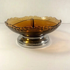 Stunning Cambridge Farber Bros Krome Kraft Amber 6.5" Divided candy/relish Bowl